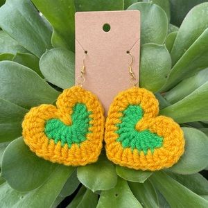 Handmade Crochet Heart Gold Green Two -Tone Earrings Valentine’s Day Jewelry